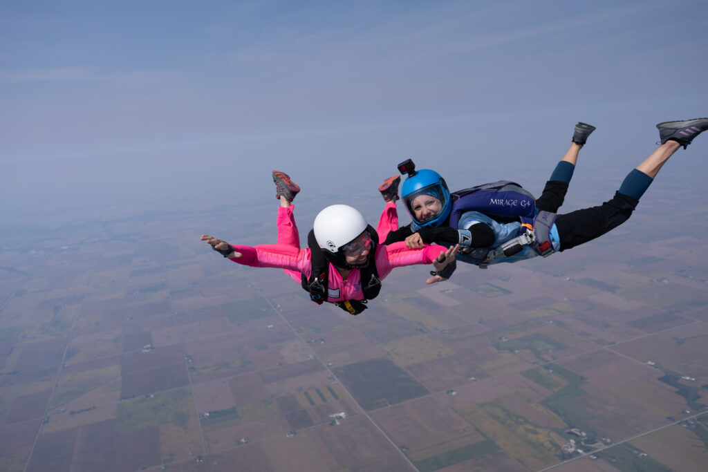 A Skydive Chicago solo skydiving student in freefall learning to skydive.