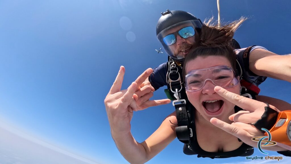 An excited first time skydiving student at Skydive Chicago