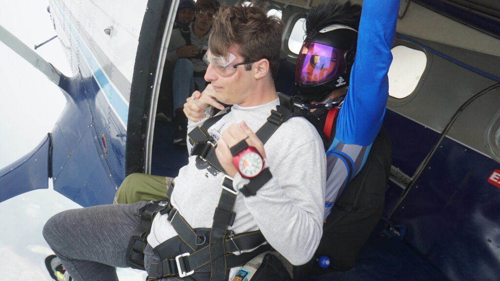 On the edge of the plane getting ready to jump at Skydive Chicago